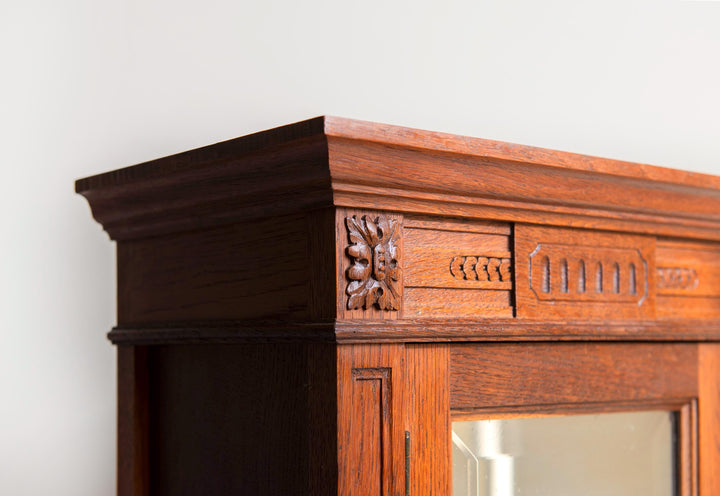 Antique Oak Wall Cabinet With Beveled Mirror – 19th Century
