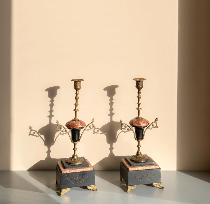 Pair of Antique French Marble and Brass Candlesticks