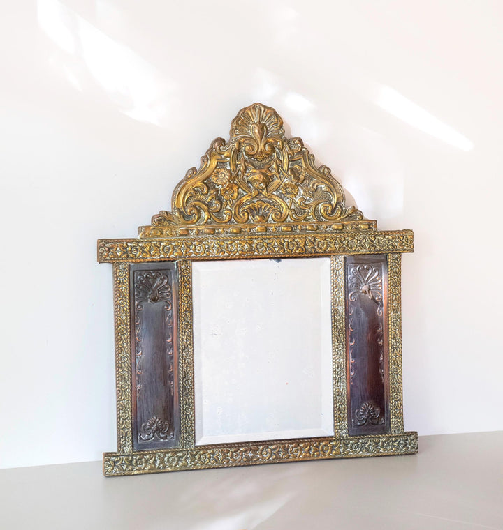 Antique Dutch Brass Wall Mirror with Hooks - 1900s