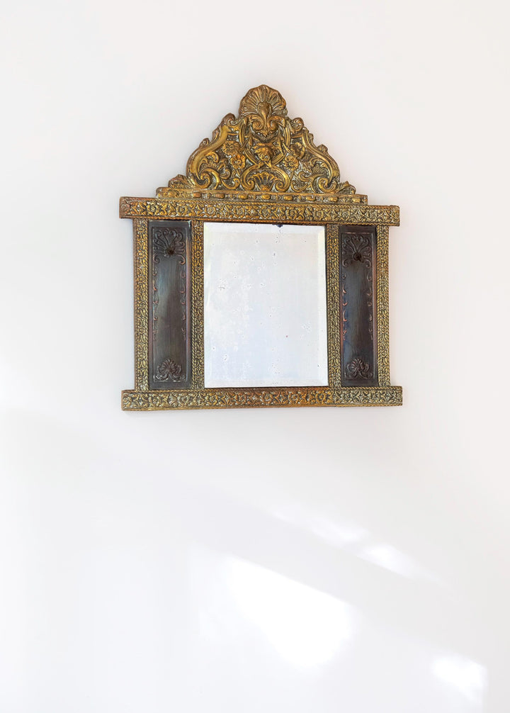 Antique Dutch Brass Wall Mirror with Hooks - 1900s