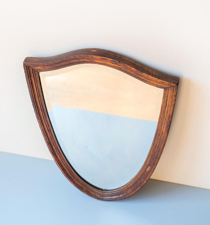Antique Shield Mirror - Solid Oak Frame With Beveled Glass