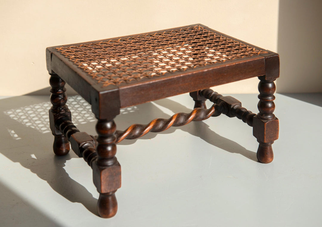 Antique Oak Barley Twist Stool - Bobbin Footstool With Cane Seat