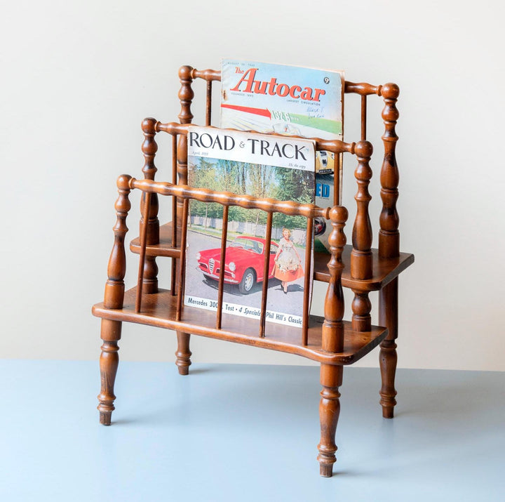 Carved Magazine Rack – Vintage Turned Wood Newspaper Stand