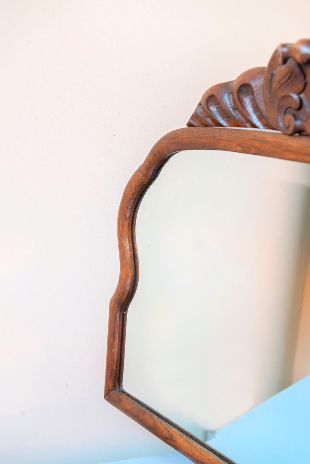 Large Antique Wooden Mantel Mirror – Scalloped Frame With Carved Crest