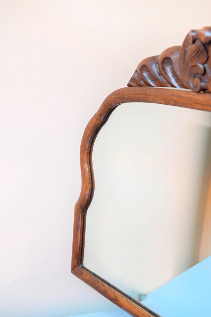 Large Antique Wooden Mantel Mirror – Scalloped Frame With Carved Crest
