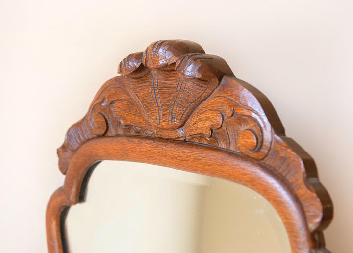 Antique Oak Scalloped Mirror- Carved Crest, 1900s