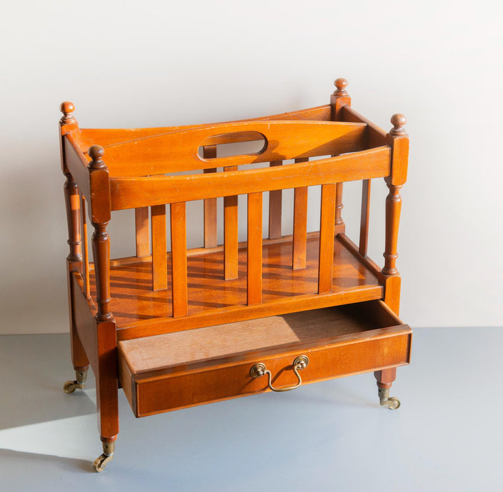 Vintage Wooden Magazine Rack Trolley with Drawer and Wheels
