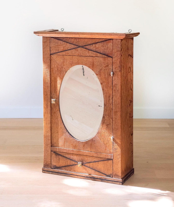 Antique Wooden Medicine Cabinet with Oval Mirror