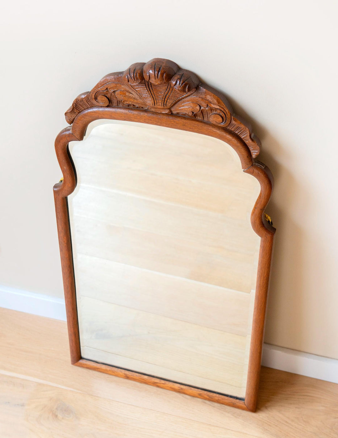 Antique Oak Scalloped Mirror- Carved Crest, 1900s