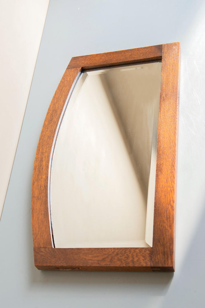 Art Deco Curved Wall Mirror with Beveled Glass – Oak Wood