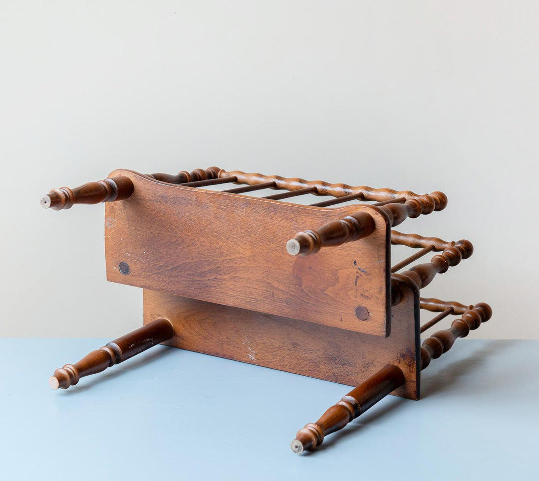 Carved Magazine Rack – Vintage Turned Wood Newspaper Stand