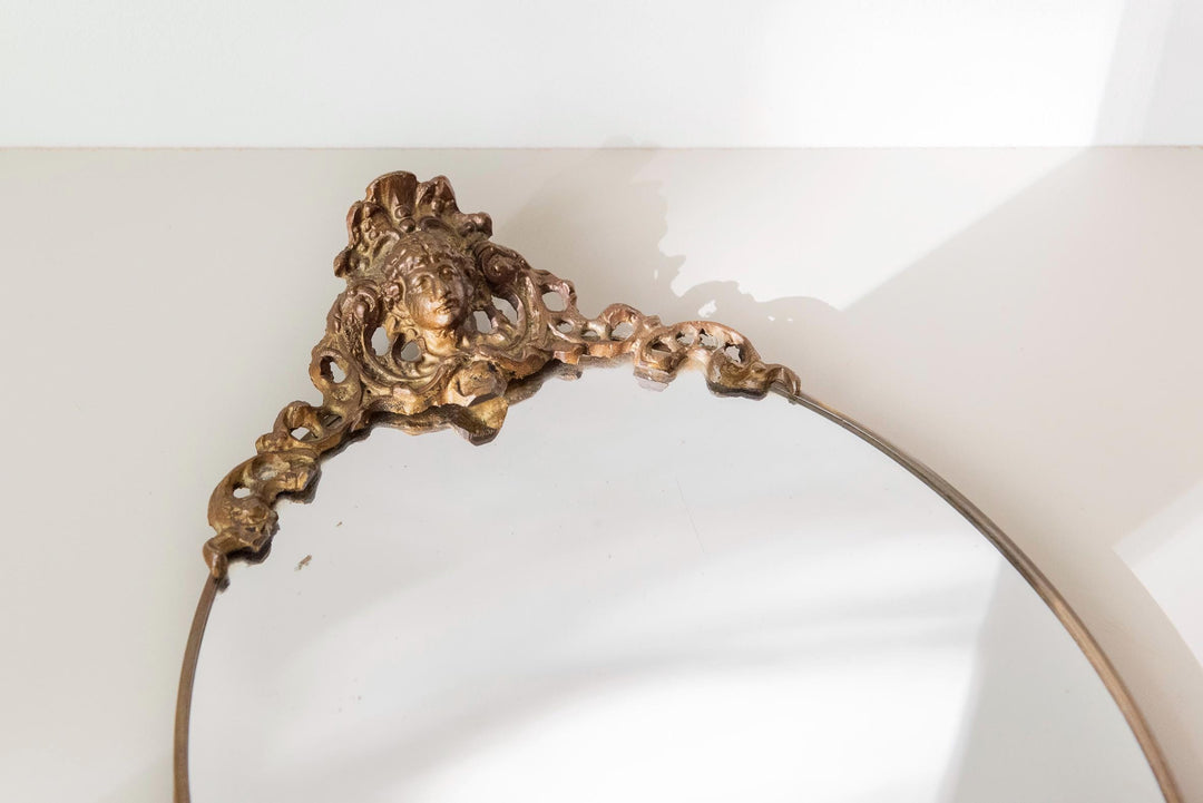 Vintage Brass Oval Wall Mirror With Crest