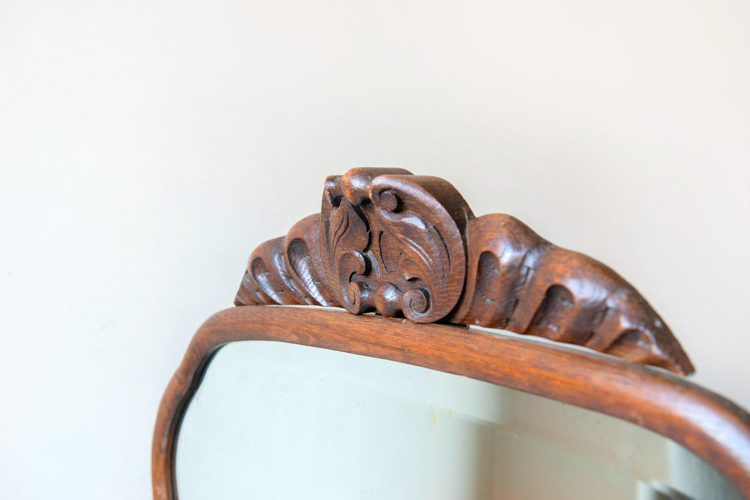 Large Antique Wooden Mantel Mirror – Scalloped Frame With Carved Crest