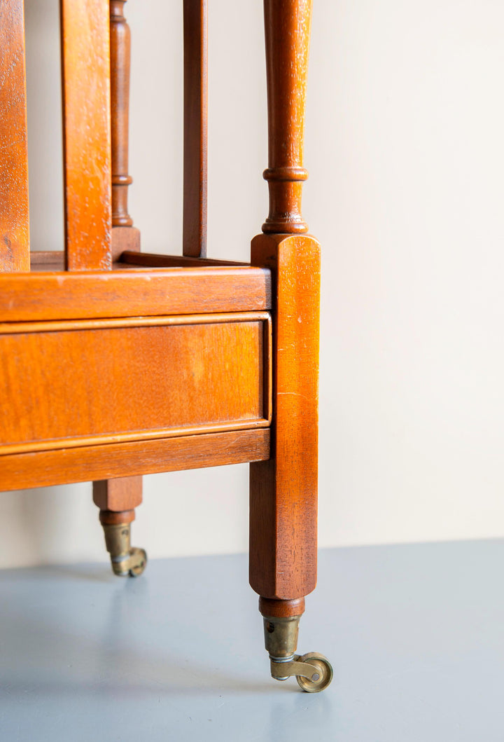 Vintage Wooden Magazine Rack Trolley with Drawer and Wheels