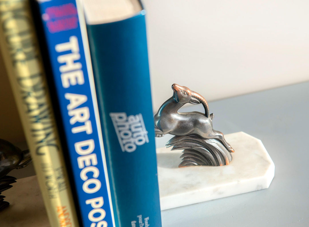 French Art Deco Gazelle Bookends on Marble Bases