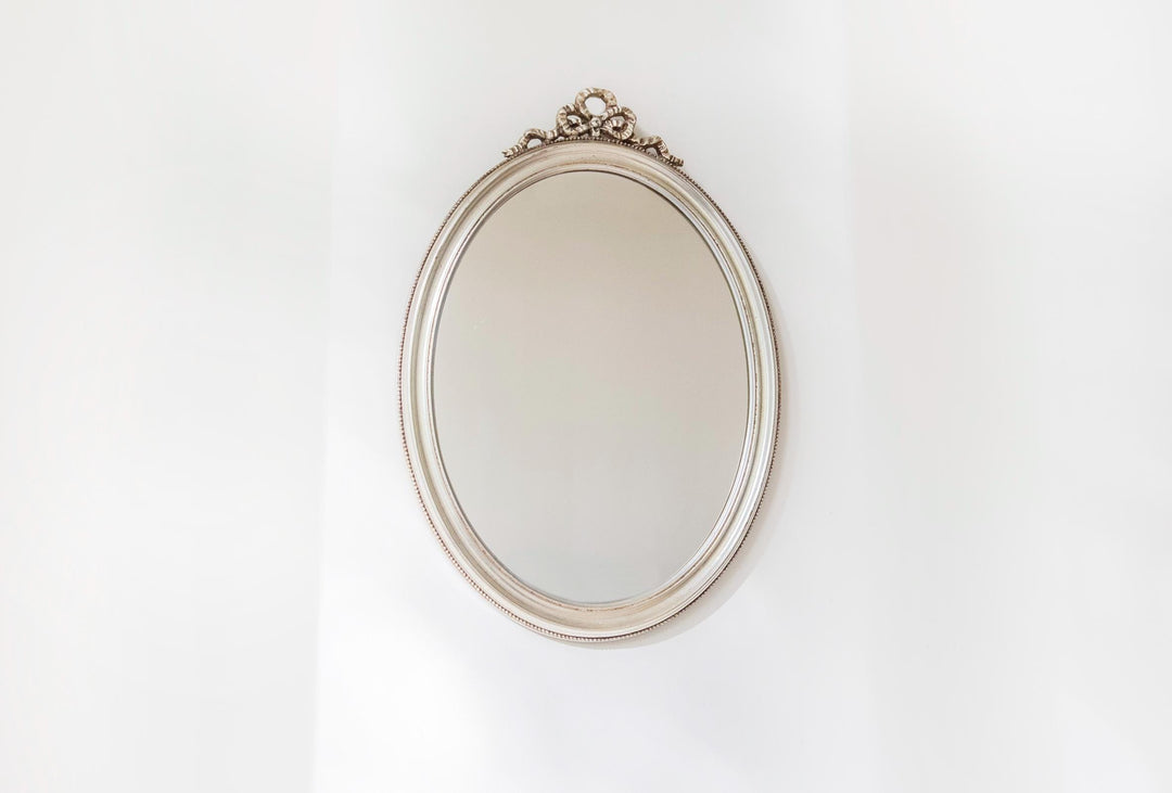 Vintage Belgian Silver Oval Wall Mirror - 1960s Bow Crest