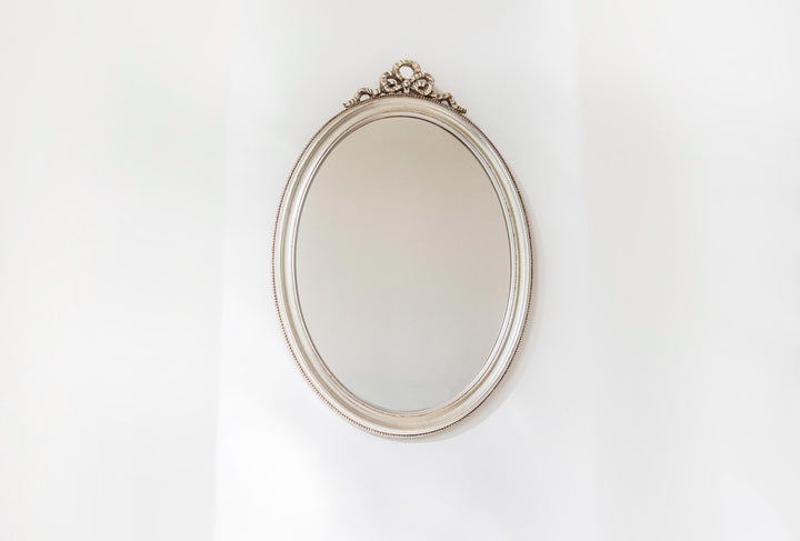 Vintage Belgian Silver Oval Wall Mirror - 1960s Bow Crest