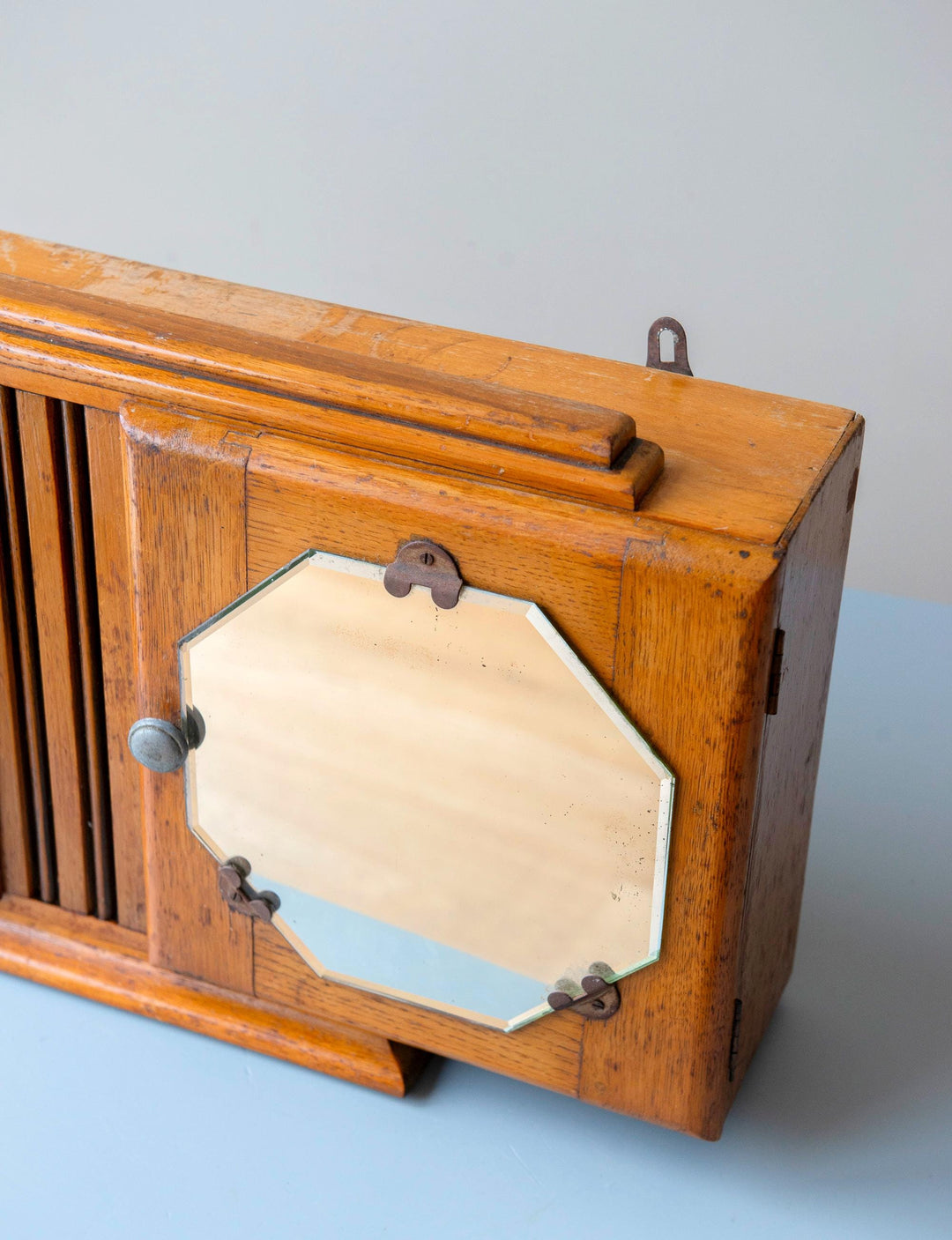Antique Art Deco Oak Medicine Cabinet with Octagonal Mirror
