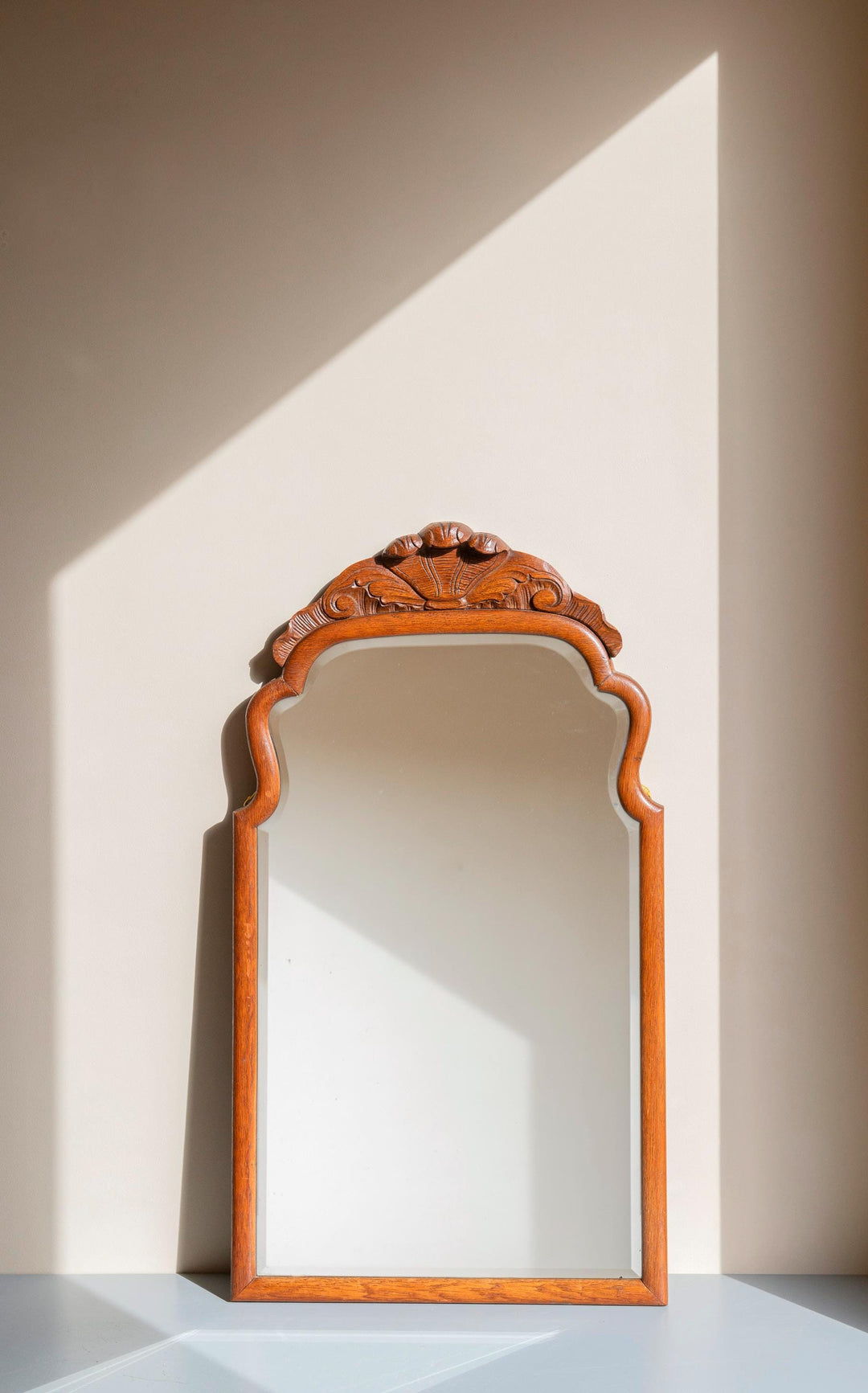Antique Oak Scalloped Mirror- Carved Crest, 1900s