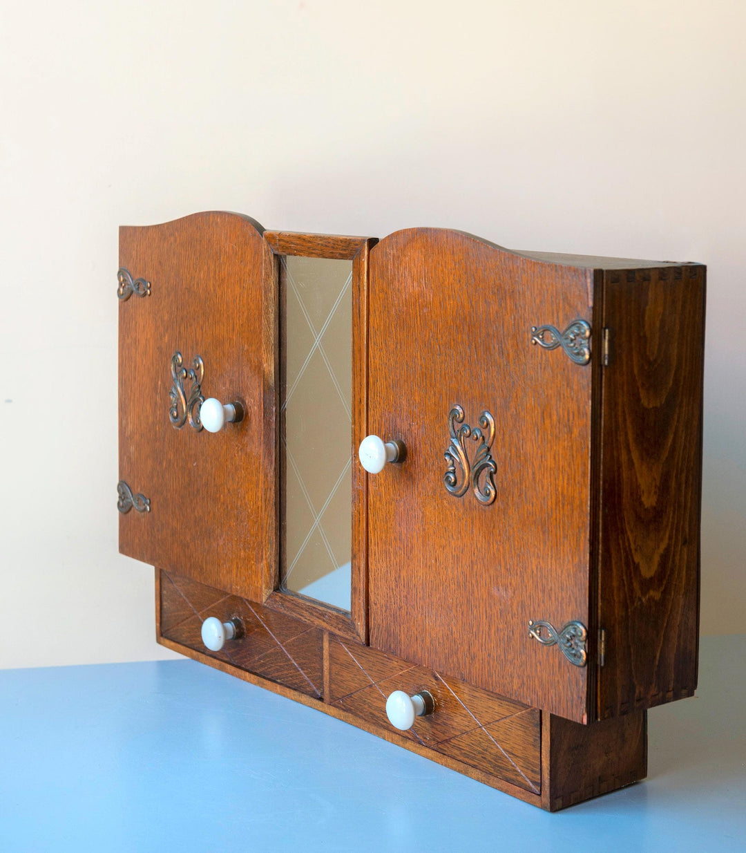 Vintage Oak Bathroom Cabinet with Mirror, 1930s