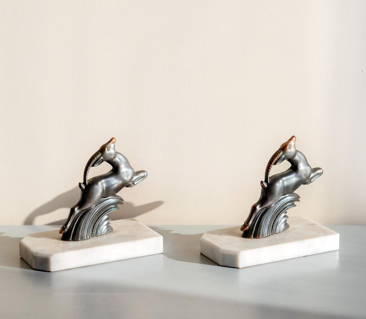 French Art Deco Gazelle Bookends on Marble Bases