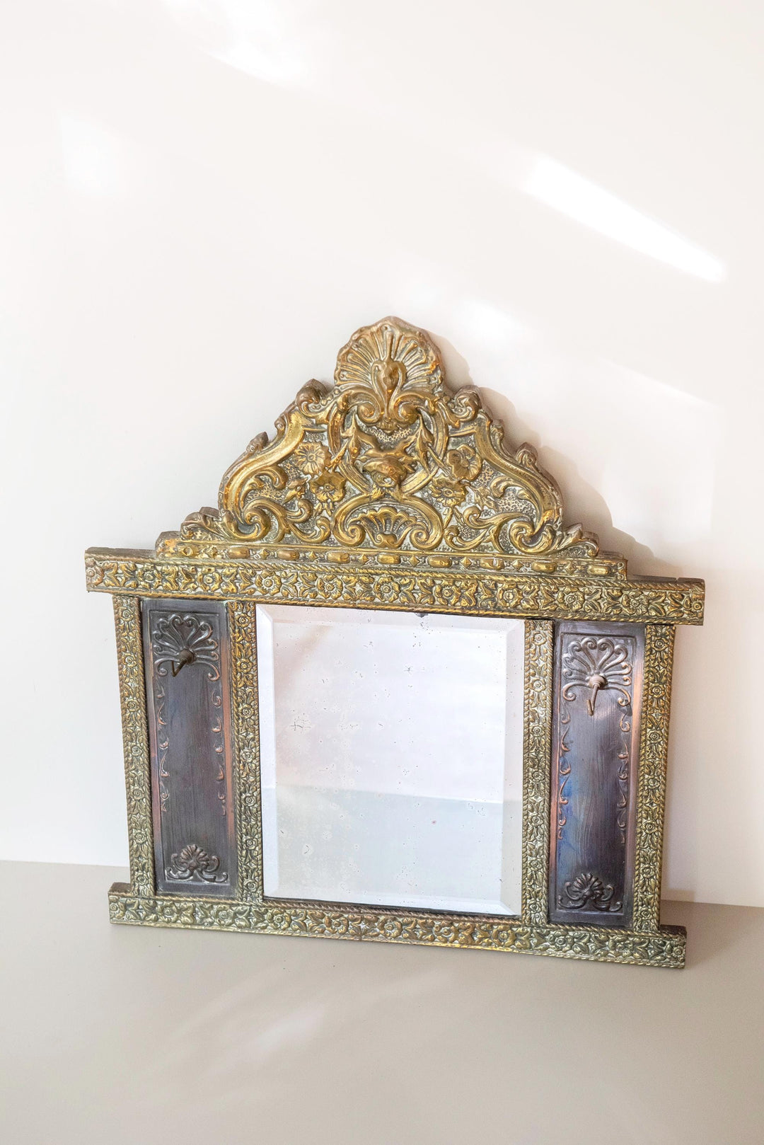 Antique Dutch Brass Wall Mirror with Hooks - 1900s