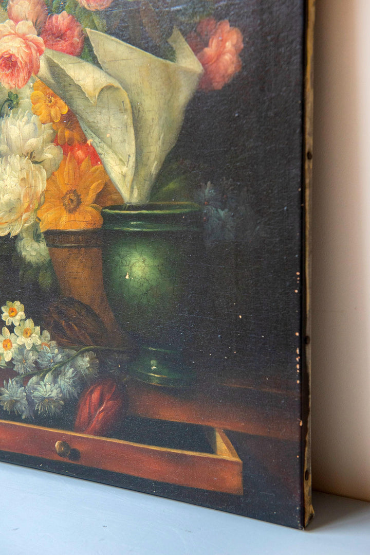 Antique Dutch Still Life Flower Painting on Canvas, 1900s