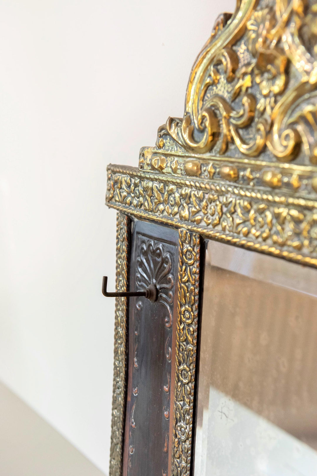 Antique Dutch Brass Wall Mirror with Hooks - 1900s