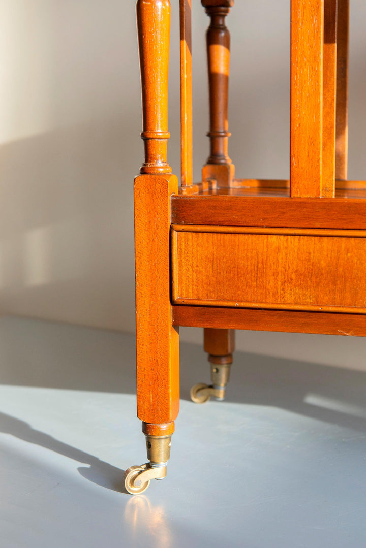 Vintage Wooden Magazine Rack Trolley with Drawer and Wheels