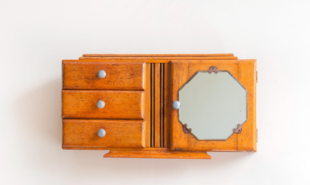 Antique Art Deco Oak Medicine Cabinet with Octagonal Mirror