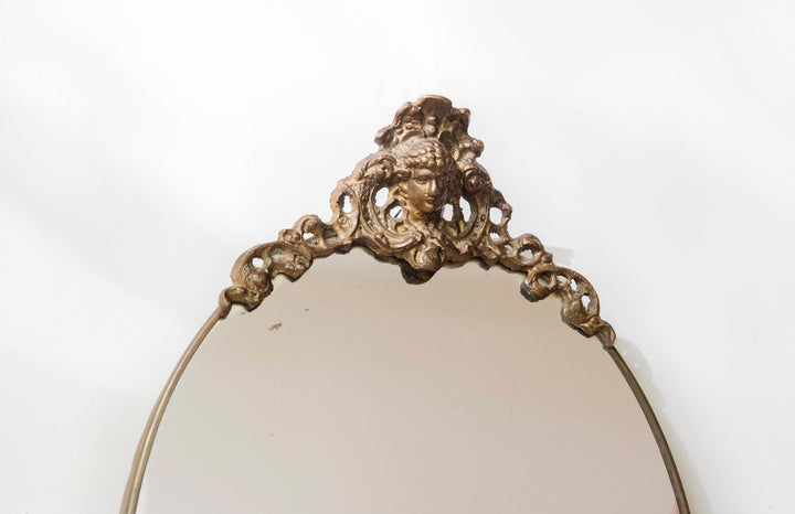 Vintage Brass Oval Wall Mirror With Crest