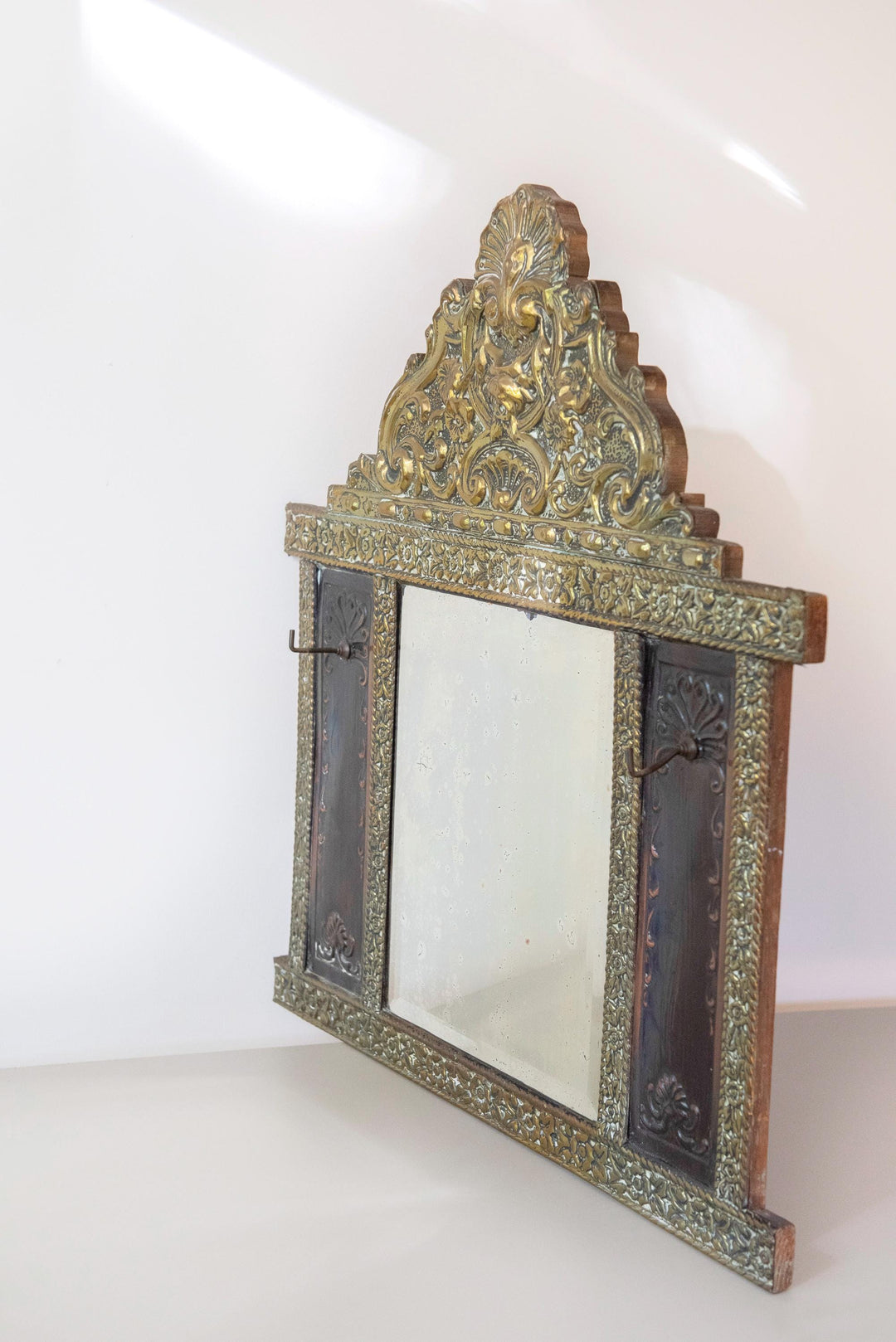 Antique Dutch Brass Wall Mirror with Hooks - 1900s