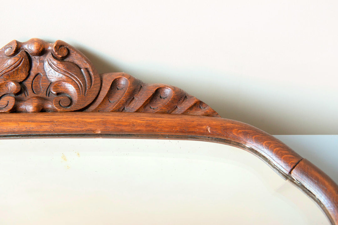 Large Antique Wooden Mantel Mirror – Scalloped Frame With Carved Crest