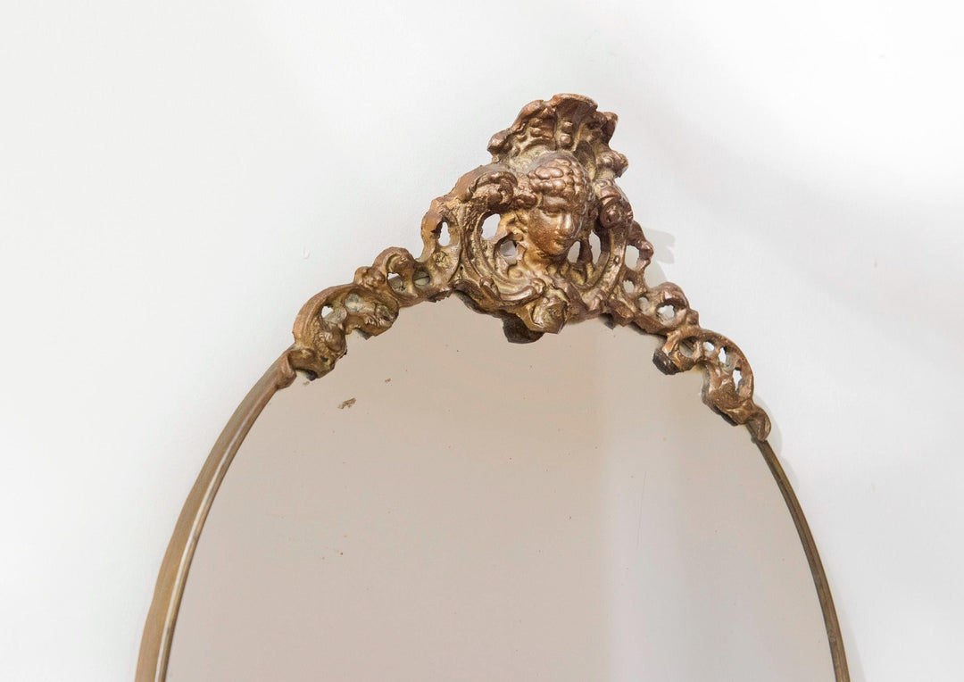 Vintage Brass Oval Wall Mirror With Crest