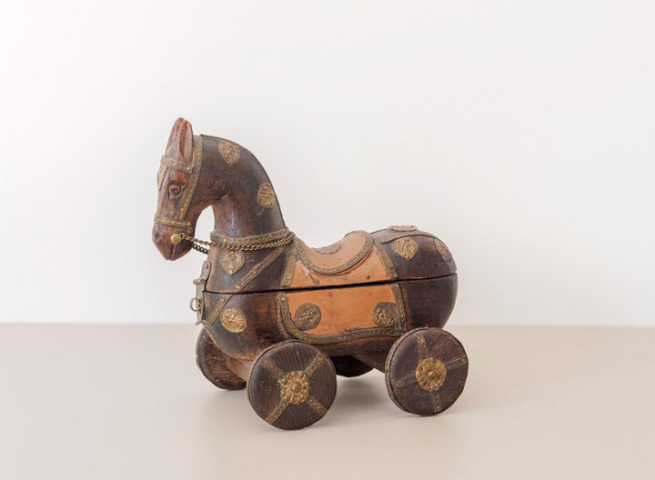 Antique Indian Wooden Horse on Wheels – Brass & Copper