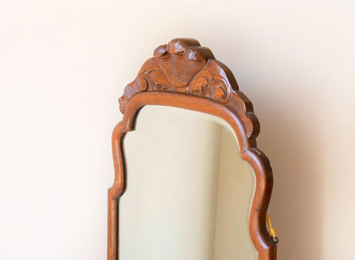 Antique Oak Scalloped Mirror- Carved Crest, 1900s