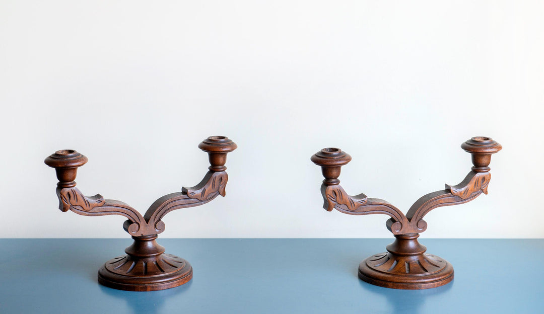 Antique Art Deco Oak Candle Holders – Pair, 1930s