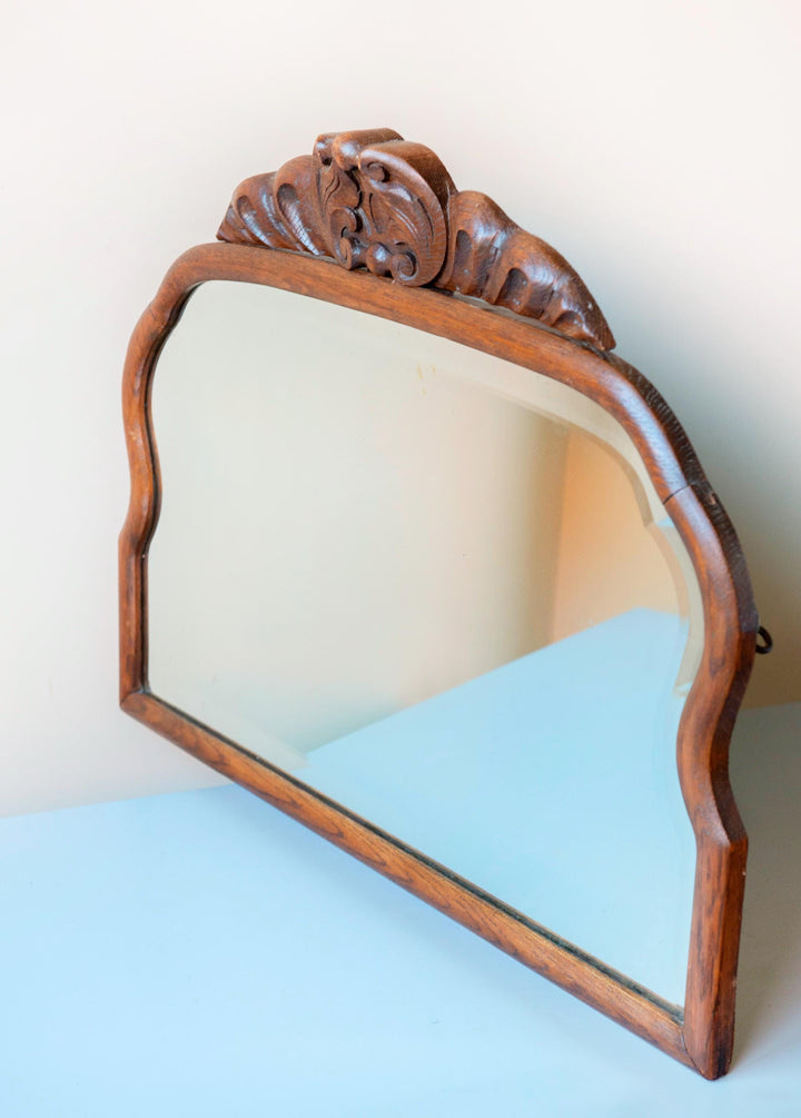 Large Antique Wooden Mantel Mirror – Scalloped Frame With Carved Crest