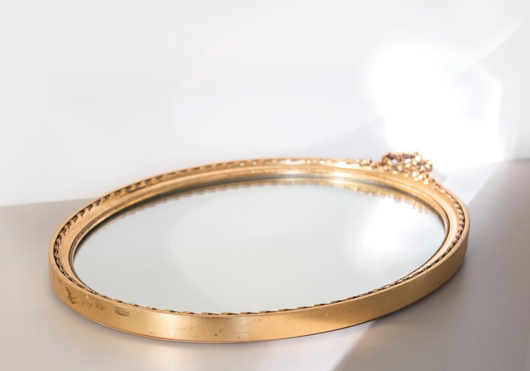 Vintage Gilt Oval Wall Mirror - Dutch 1960s Bow Crest Mirror