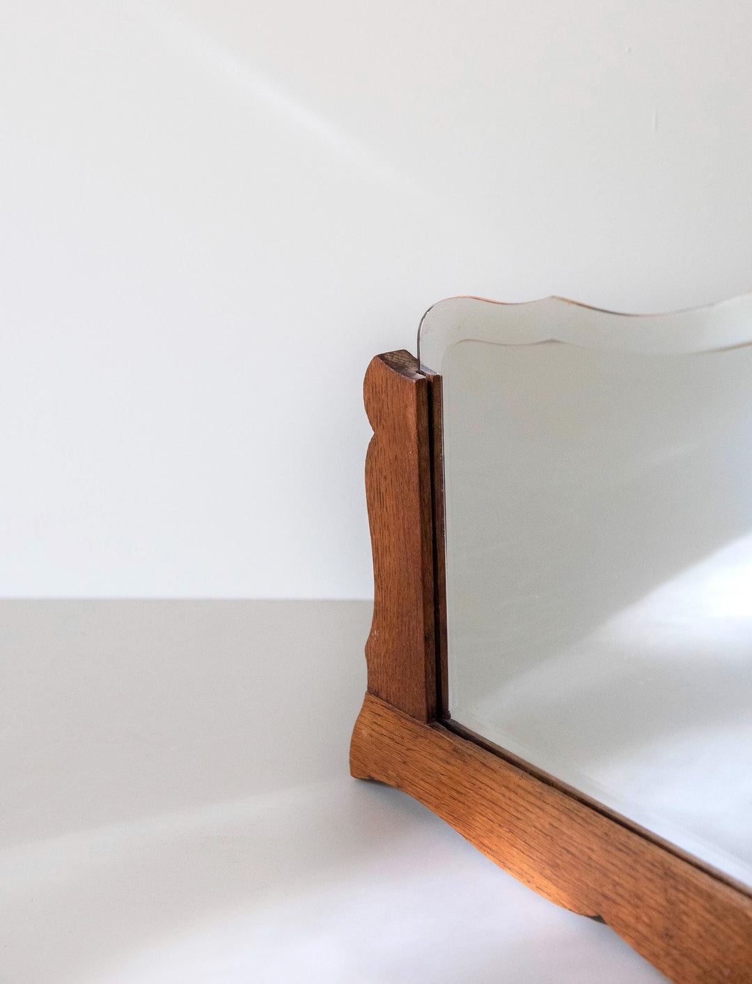 Antique Art Deco Frameless Wall Mirror - Scalloped Oak Frame