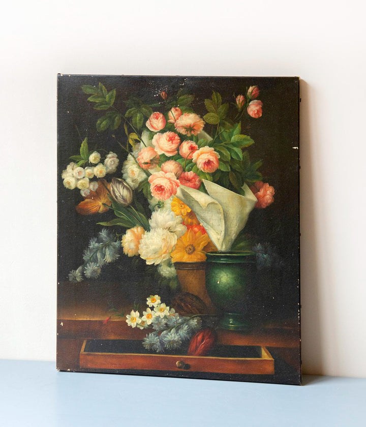 Antique Dutch Still Life Flower Painting on Canvas, 1900s