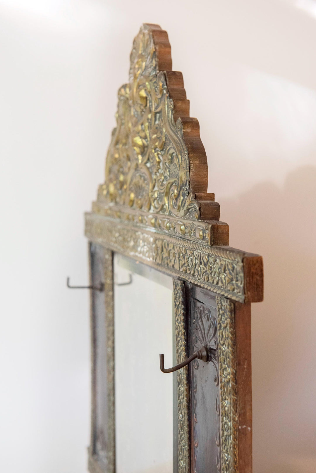 Antique Dutch Brass Wall Mirror with Hooks - 1900s