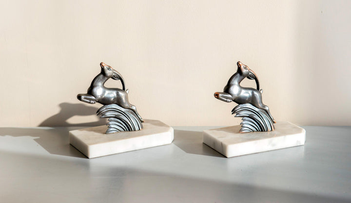 French Art Deco Gazelle Bookends on Marble Bases