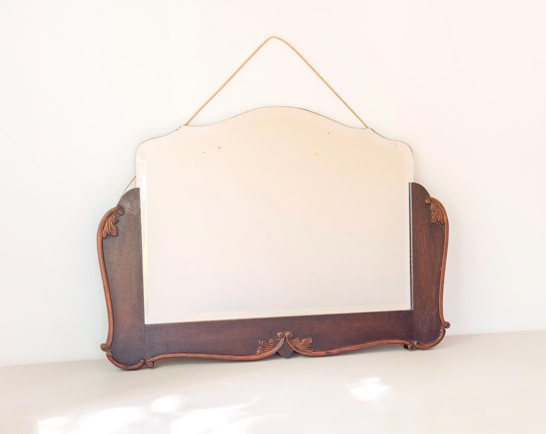 Antique Dutch Art Deco Oak Wall Mirror with Beveled Glass