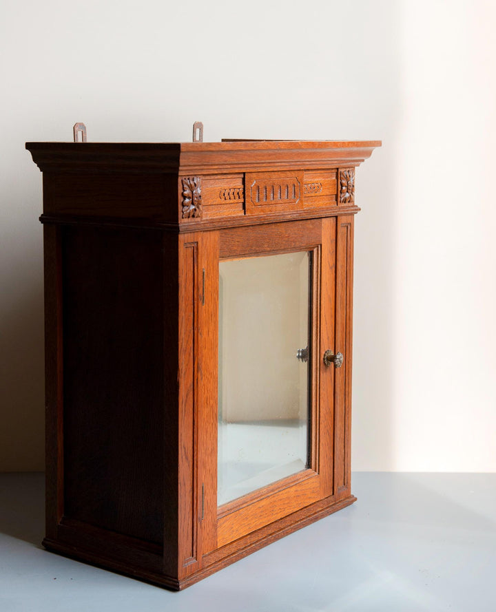 Antique Oak Wall Cabinet With Beveled Mirror – 19th Century