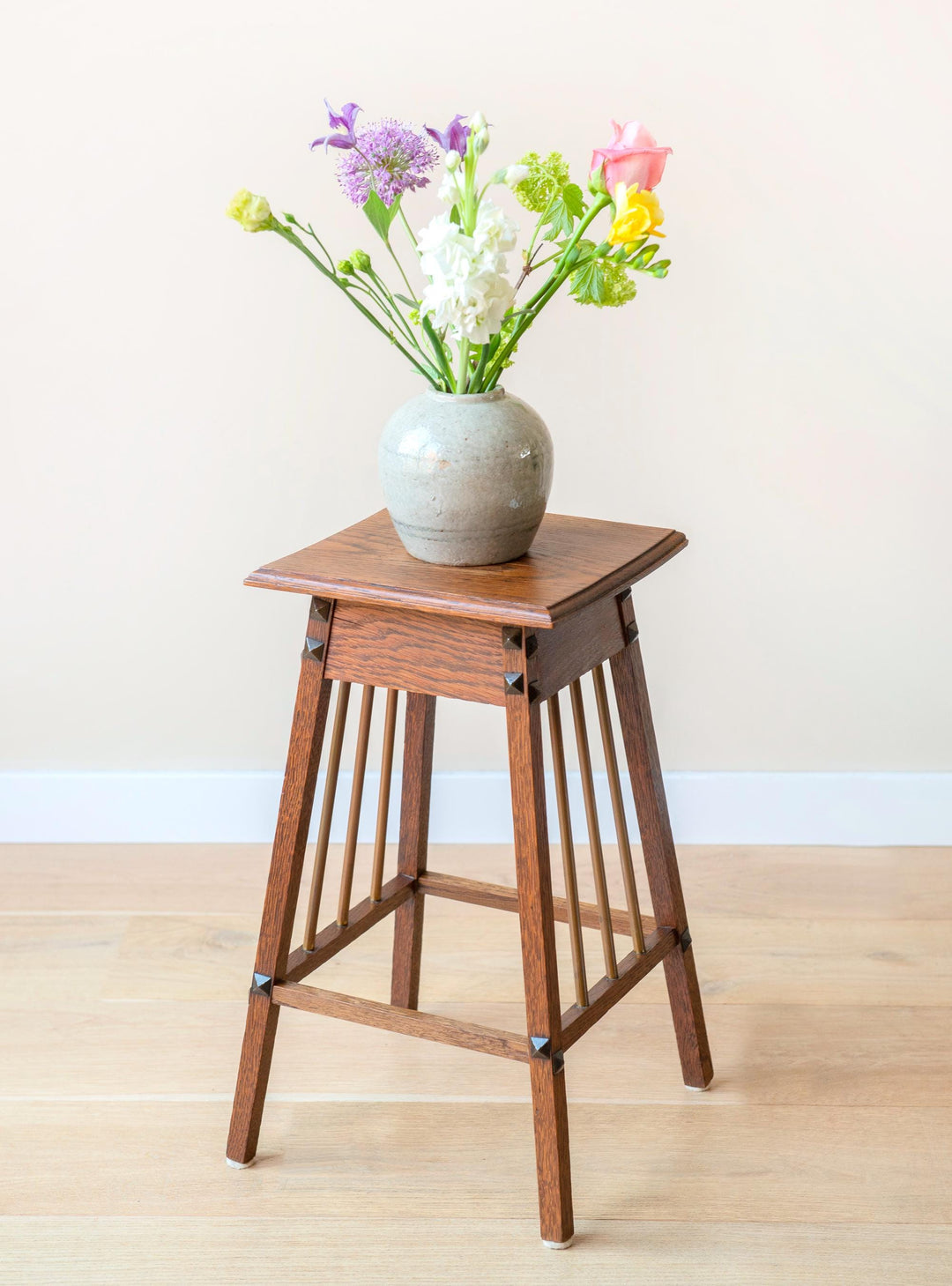 Dutch Art Deco Oak Side Table With Brass Spindles