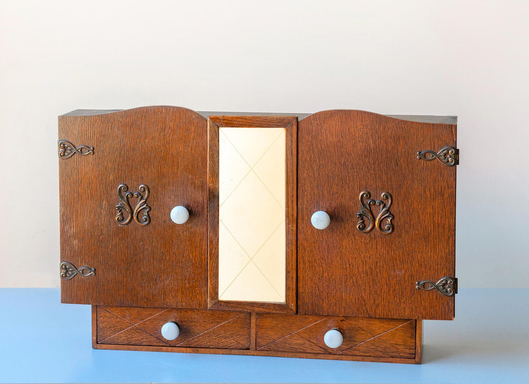 Vintage Oak Bathroom Cabinet with Mirror, 1930s