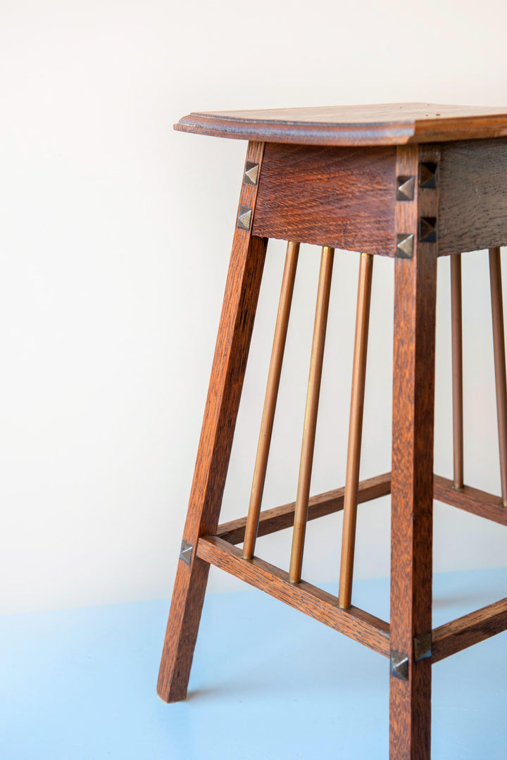 Dutch Art Deco Oak Side Table With Brass Spindles