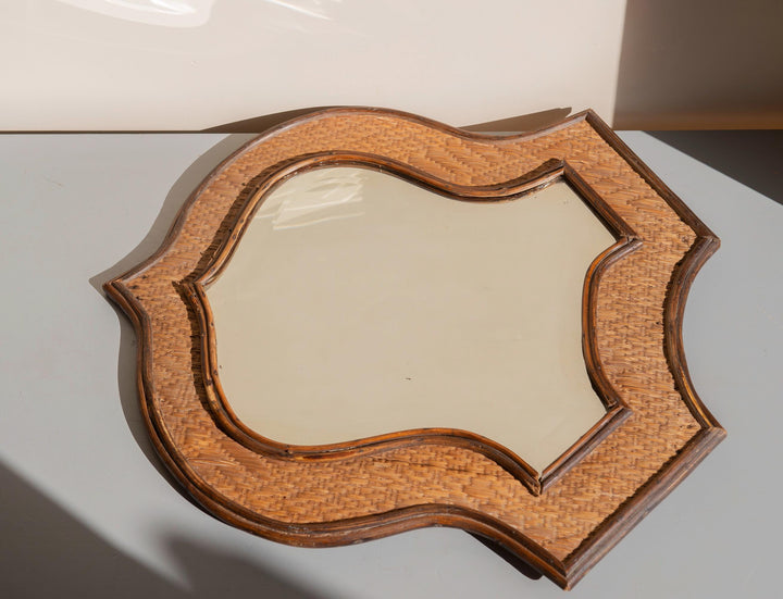 Vintage Shield Mirror - Large Rattan Wicker Frame