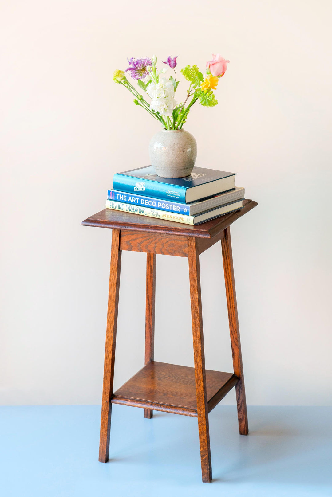 Art Deco Side Table - Solid Oak Two Tier Plant Stand